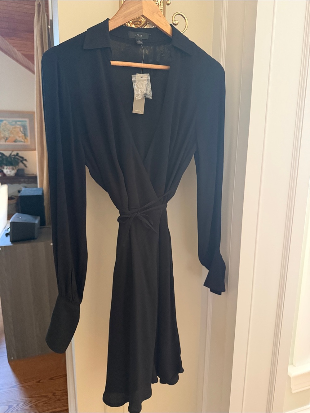J. Crew Black Long-Sleeve Wrap Dress with Tie Waist
